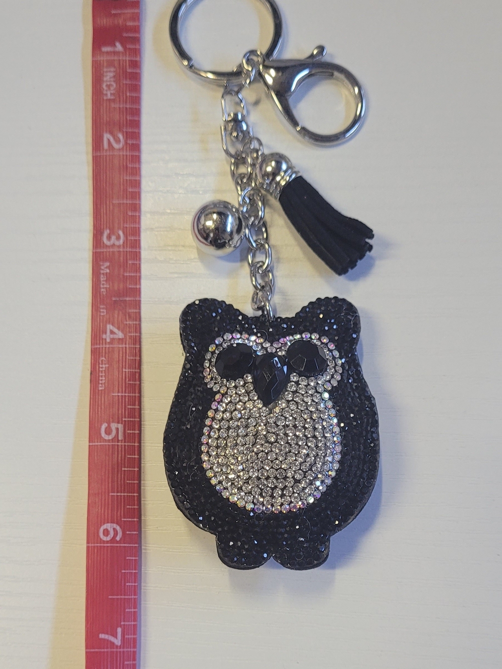 Midnight Black Owl Crystal Keychain Charm with Tassel